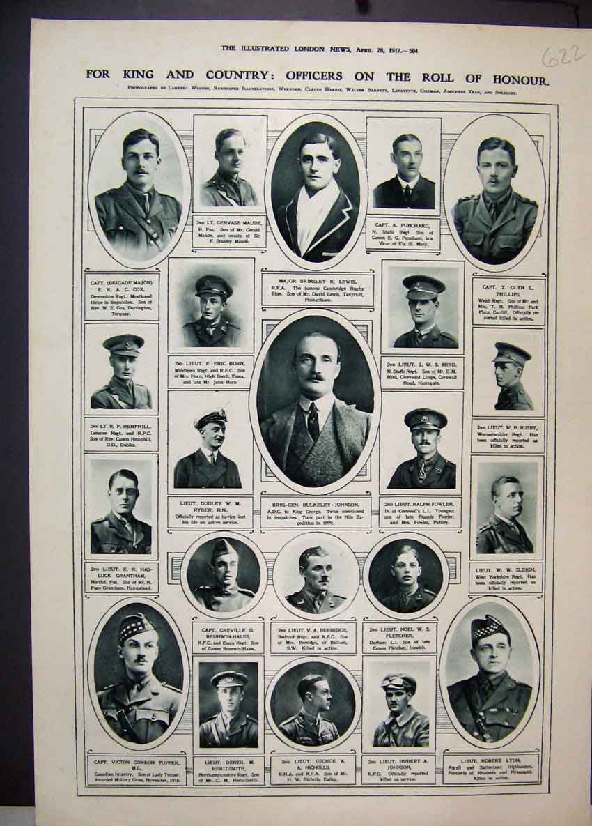 Original Old Vintage Print 1917 Officers Roll Honour Portraits King Country