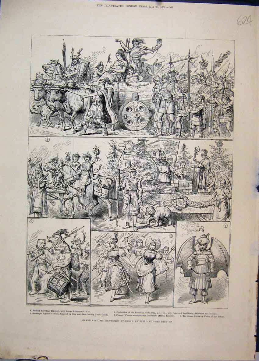 Old Antique Print 1882 Grand Historic Procession Berne Switzerland Sketch 19th
