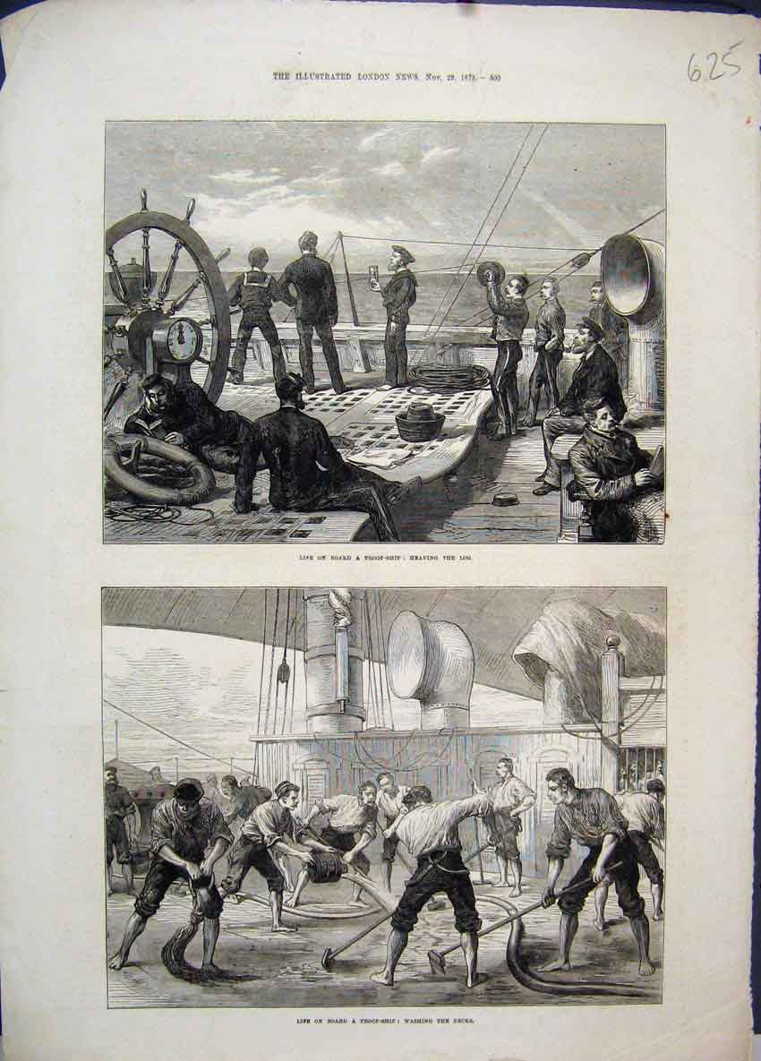 Original Old Antique Print 1873 Life Troop Ship Heaving Log Washing Decks 19th