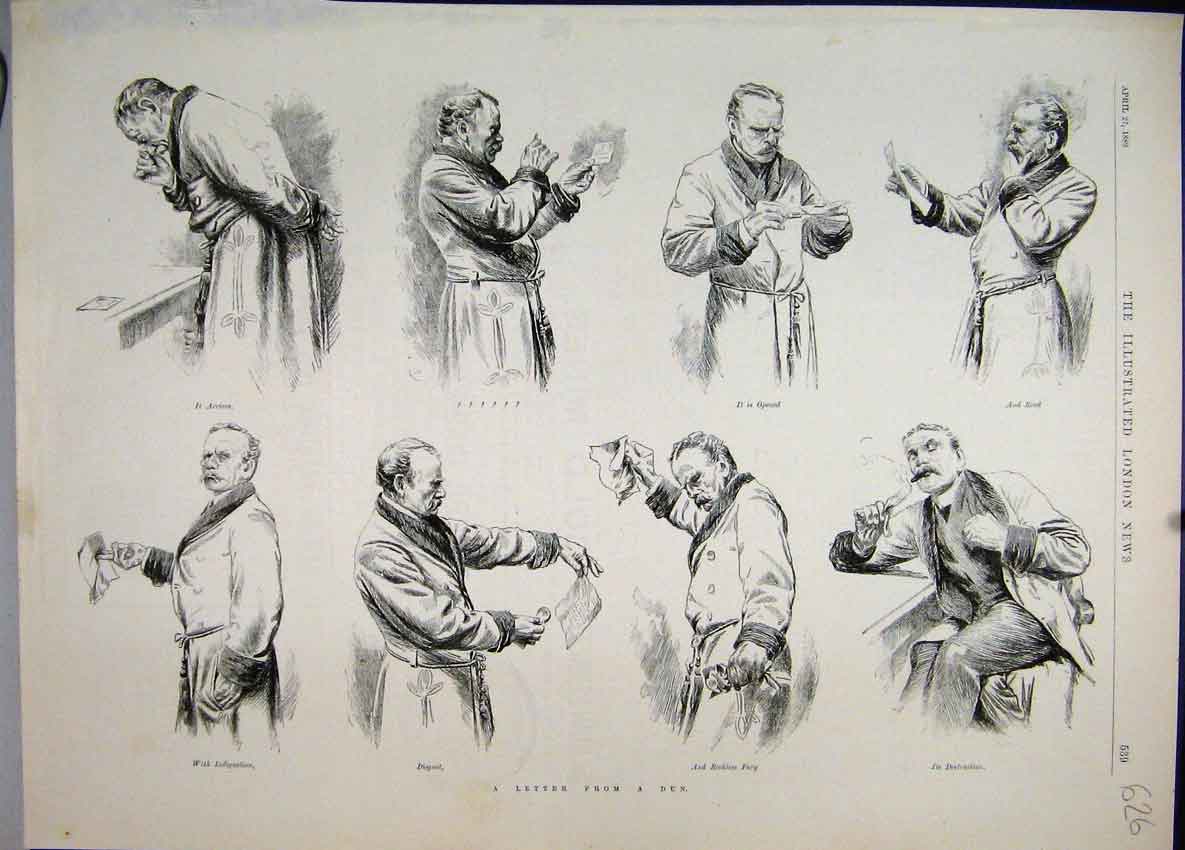 Original Old Antique Print 1889 Letter Dun Scenes Man Reading 19th