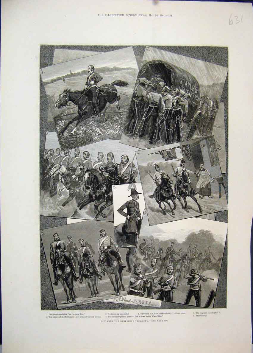 Original Old Antique Print 1881 Berkshire Yeomanry Horses Siers War Gun 19th