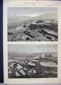 Original Old Antique Print 1874 Yellowstone Lake North America Hot Springs Fire