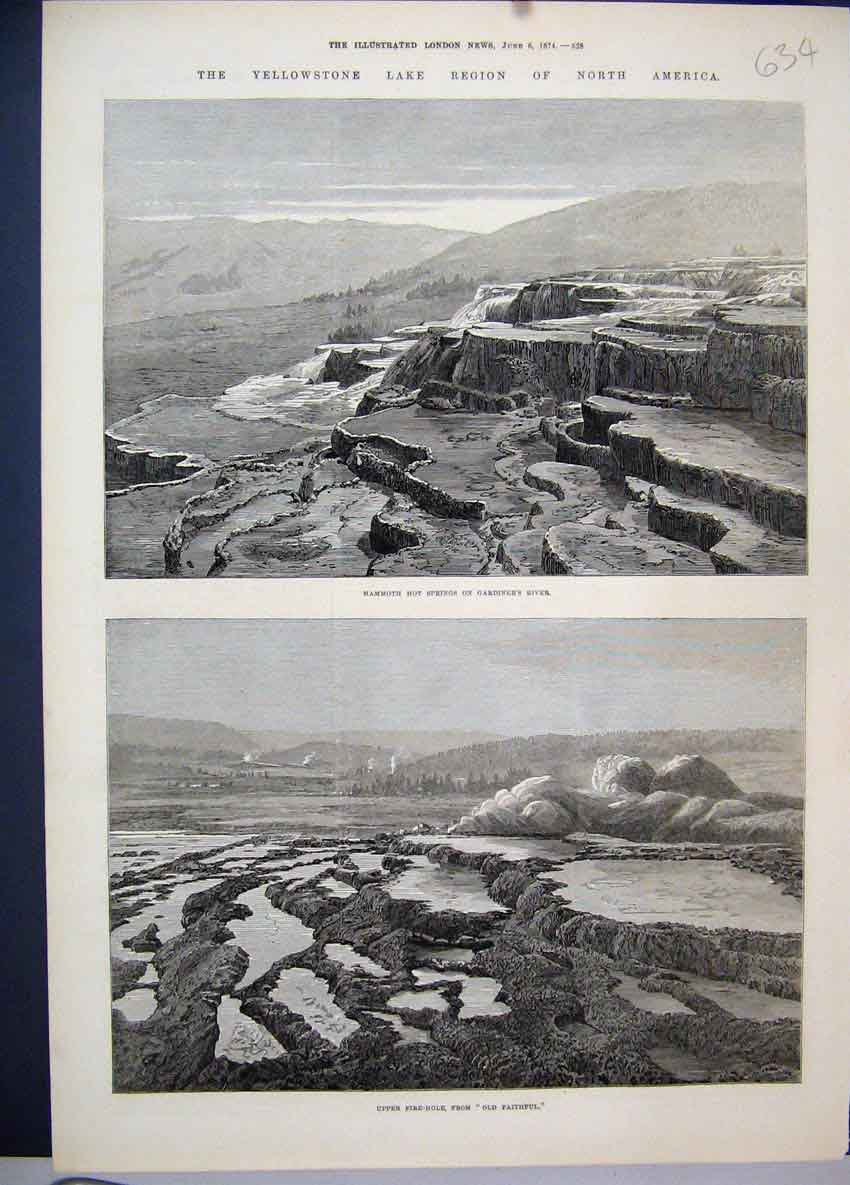 Original Old Antique Print 1874 Yellowstone Lake North America Hot Springs Fire