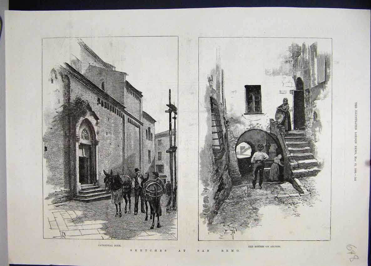 Original Old Antique Print 1888 San Remo Cathedral Door Houses Arches Sketches