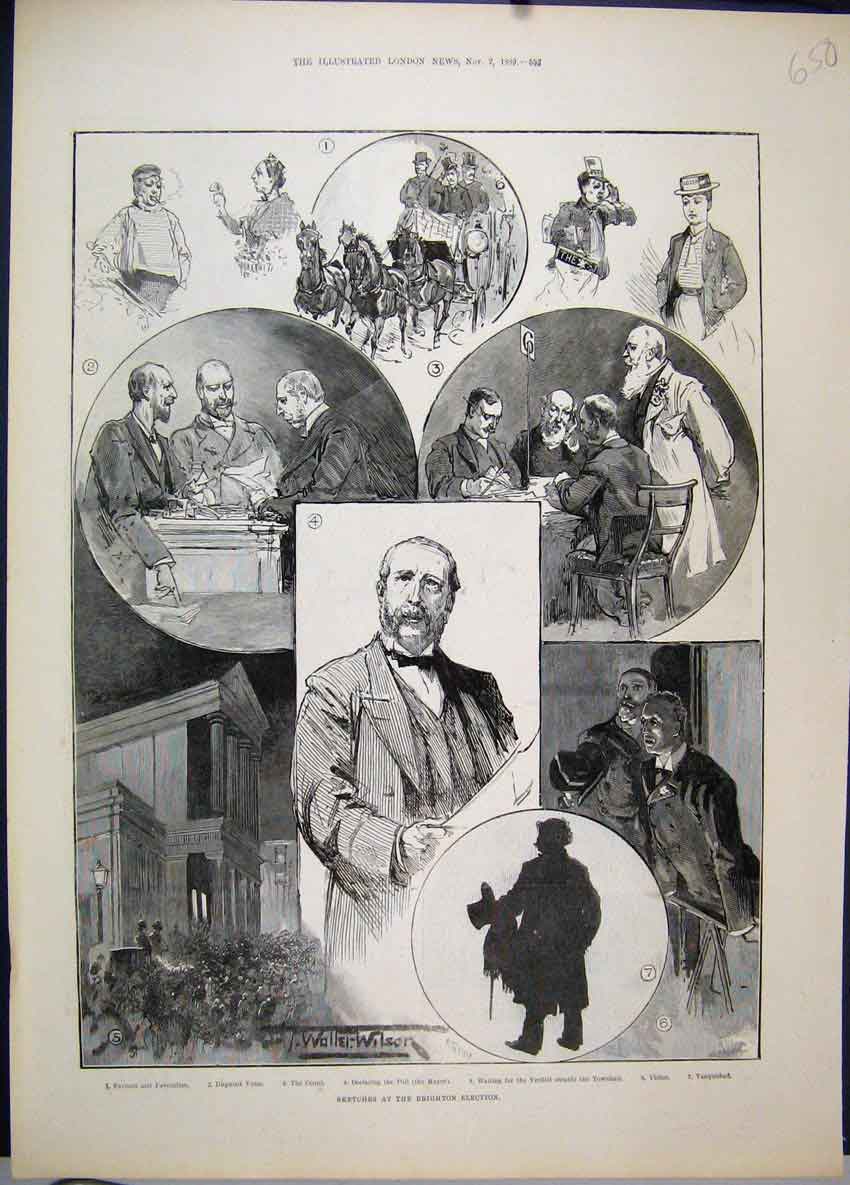 Original Old Antique Print 1889 Brighton Election Townhall Voting Sketch 19th