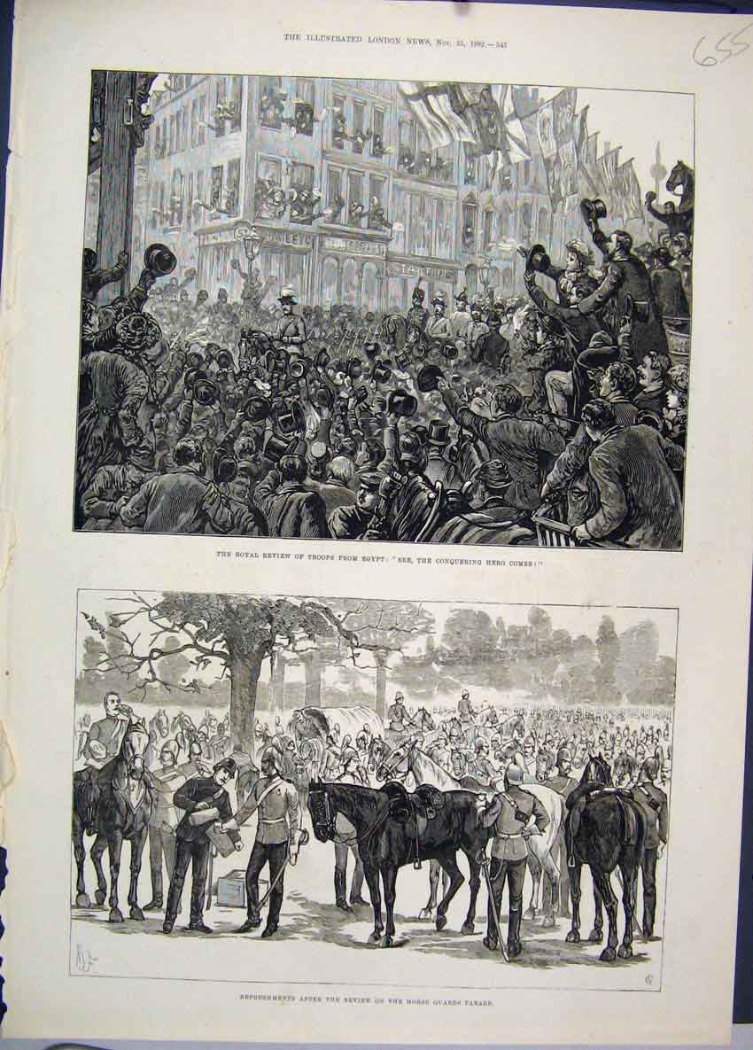 Original Old Antique Print 1882 Troops Egypt Horse Guards Parade Royal Review