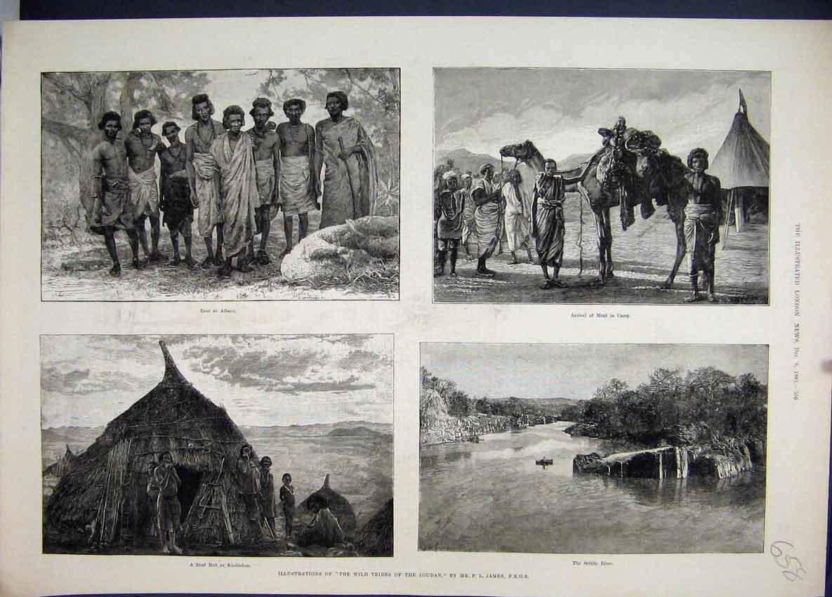 Old Antique Print Wild Tribes Soudan 1883 Hut Settite River Camel Aibaro 19th