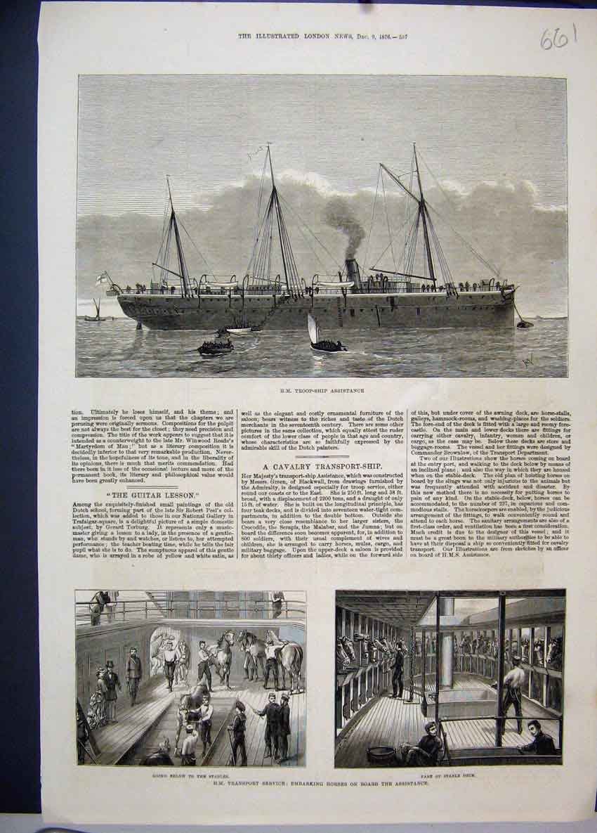 Old Antique Print H.M Transport Service 1876 Horses Assistance Troop Ship 19th