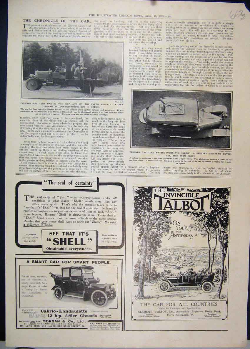 Original Old Antique Print 1911 Motor Car Invincible Talbot Cabrio Landaulette