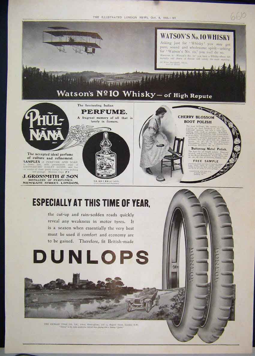 Original Old Antique Print Dunlop Tyres Watson Whisky Cherry Polish 1910 Advert