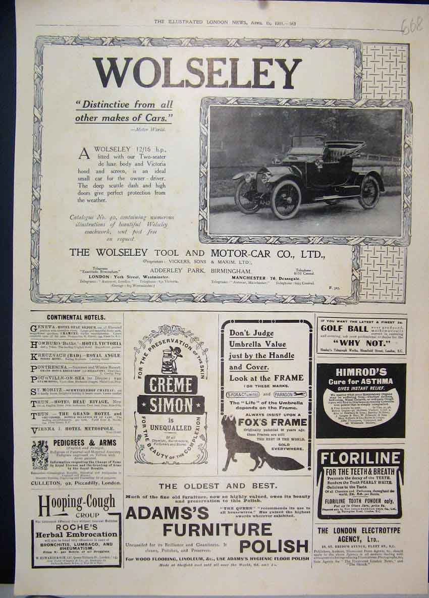 Original Old Antique Print Wolseley 1911 Motor Car Adam Furniture Polish Advert