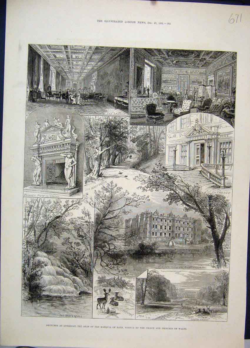Original Old Antique Print Longleat Seat Marquis Bath Waterfall 1881 Saloon