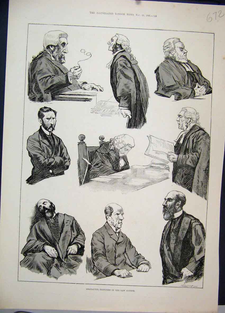 Original Old Antique Print Law Courts Character Sketches 1886 Wigs Cloaks 19th