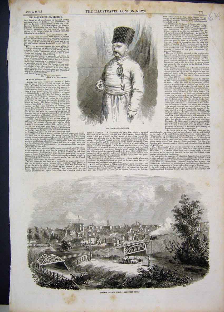 Original Old Antique Print London Canada Train Railway Jamsetjee Jejeeboy 1856