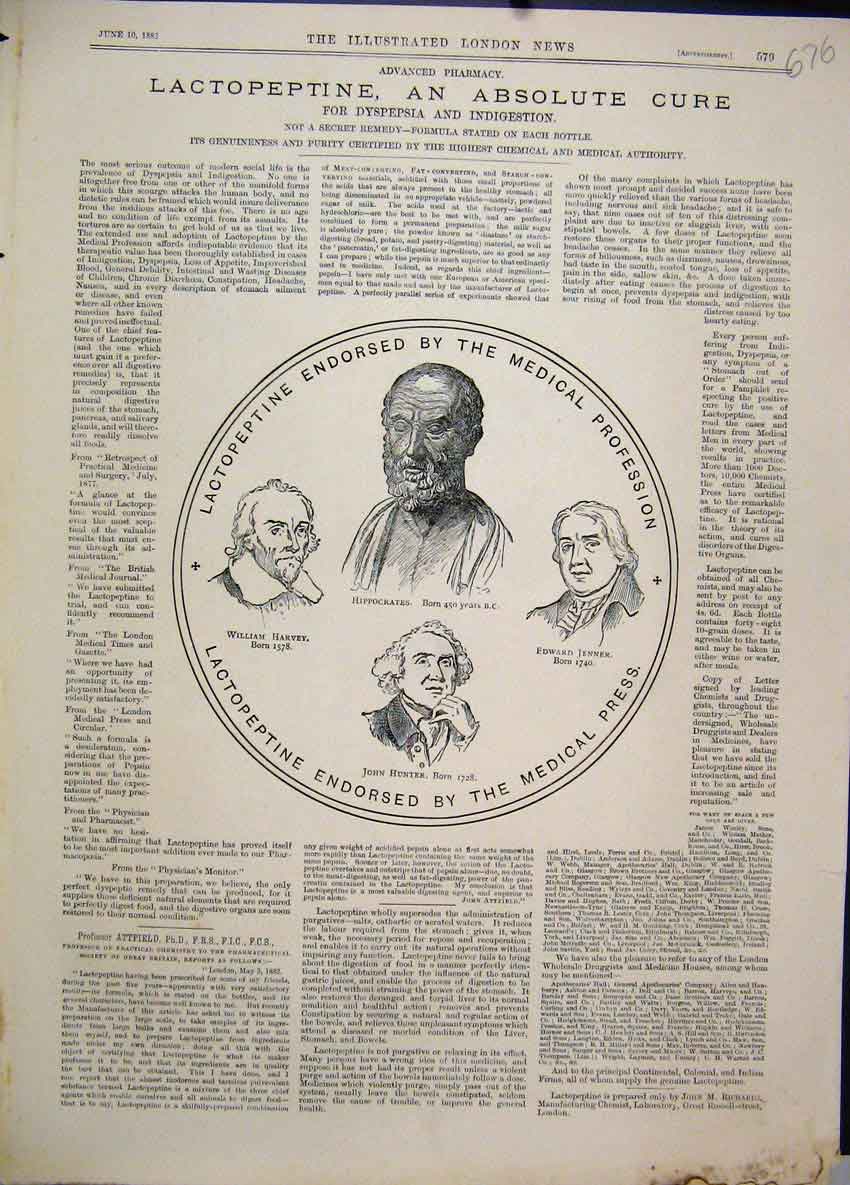 Original Old Antique Print Lactopeptine Cure Dyspepsia Indigestion Advert 1882