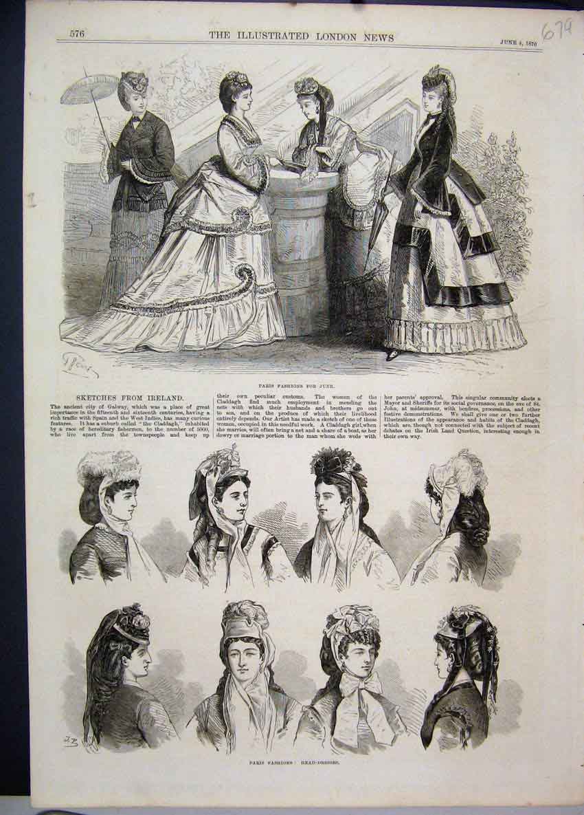 Old Antique Print Paris Fashion Head-Dresses Women 1870 Sketches Ireland 19th