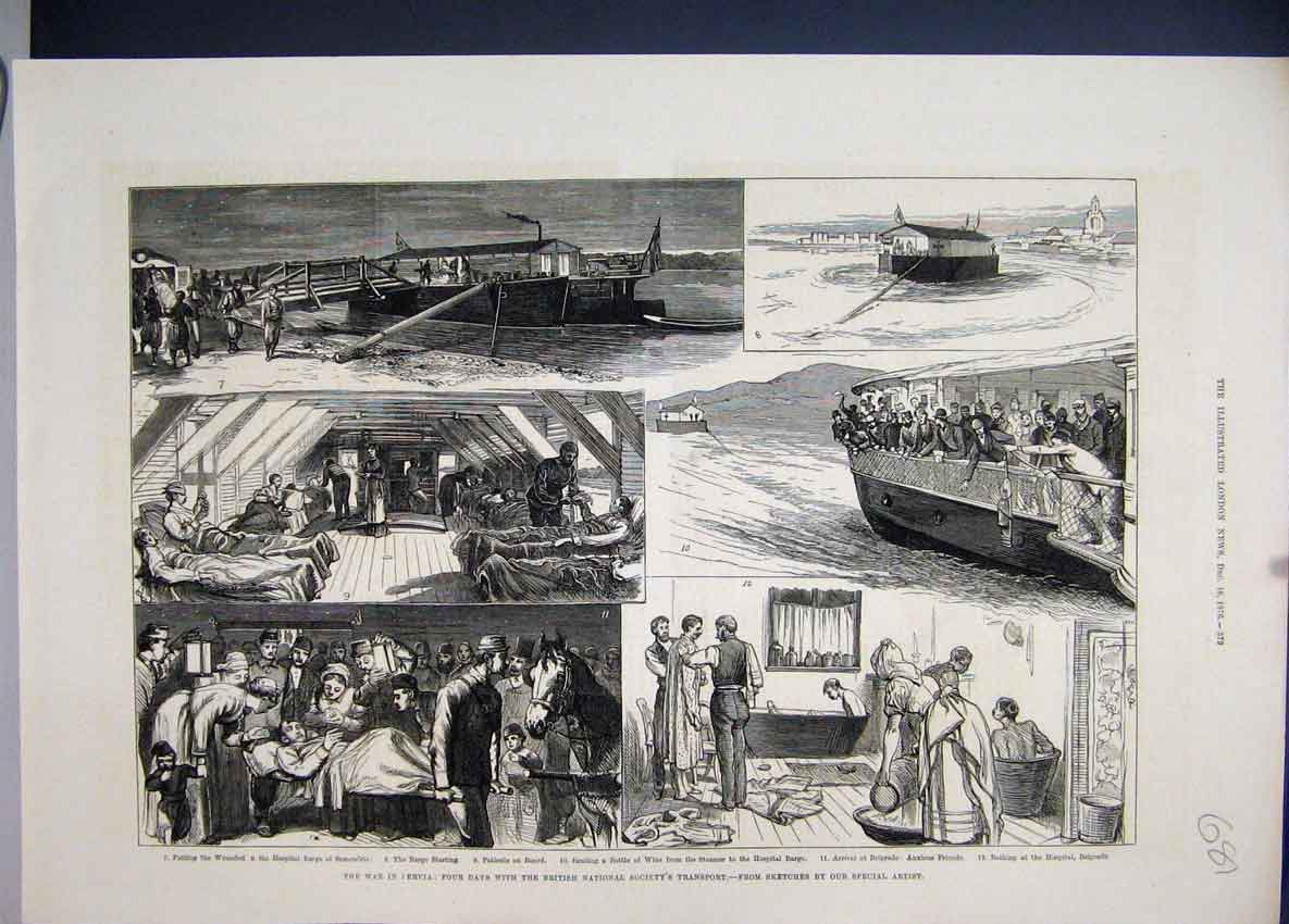 Original Old Antique Print War Servia Bathing Hospital Belgrade Patients 1876
