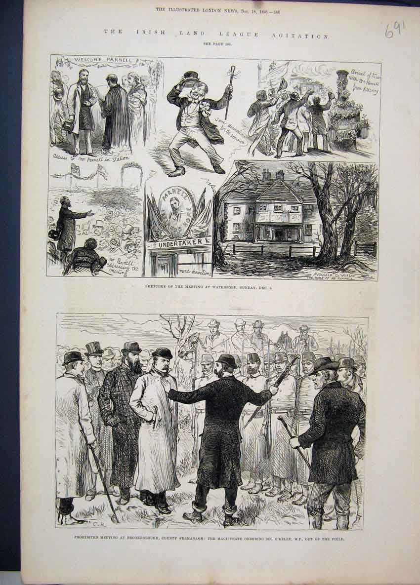 Old Antique Print Irish Land League Agitation Meeting Brookborough 1880 19th