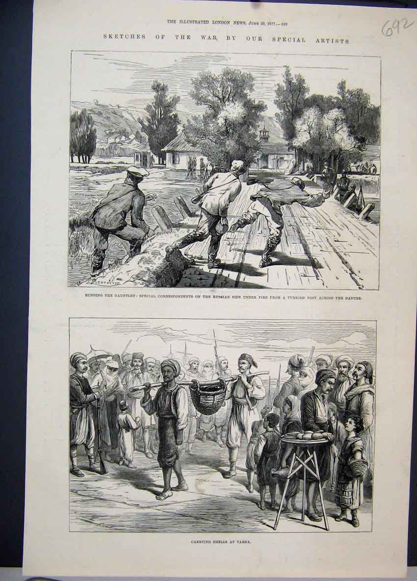 Old Antique Print 1877 War Shells Varna Running Gauntlet Russian Danube 19th
