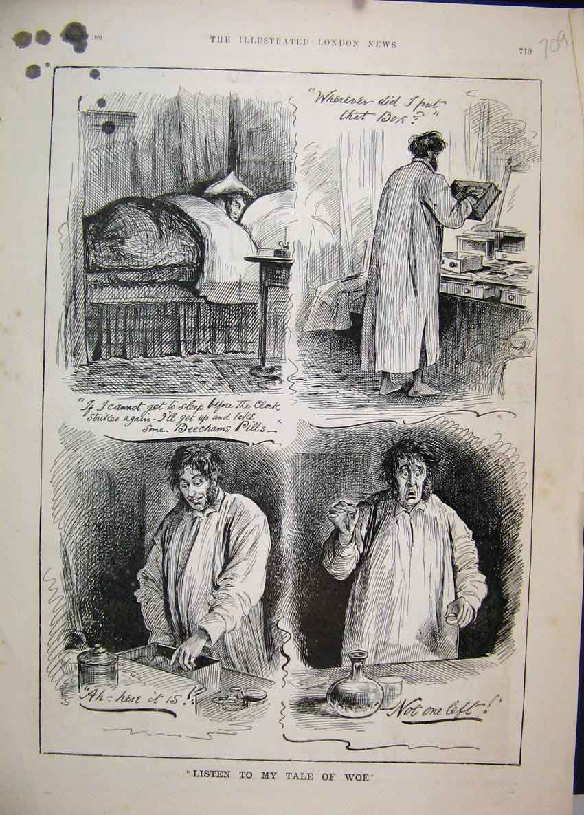 Original Old Antique Print 1891 Beechams Pills Man Searching Comedy Sketch 19th