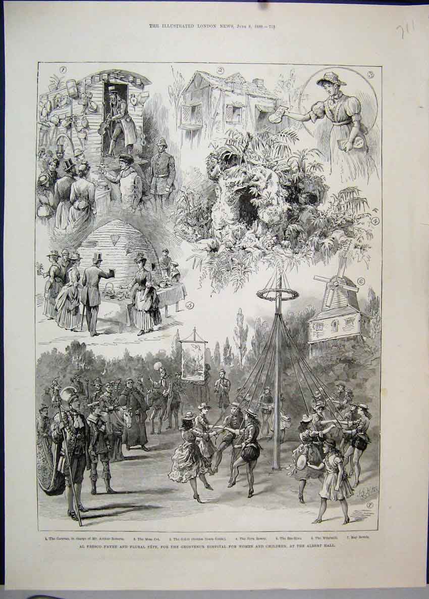 Old Antique Print Fresco Fayre Grosvenor Hospital Women Children Albert