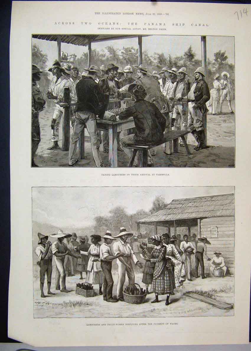 Old Antique Print Panama Ship Canal Labourers Tally Women 1888 Tabemilla 19th