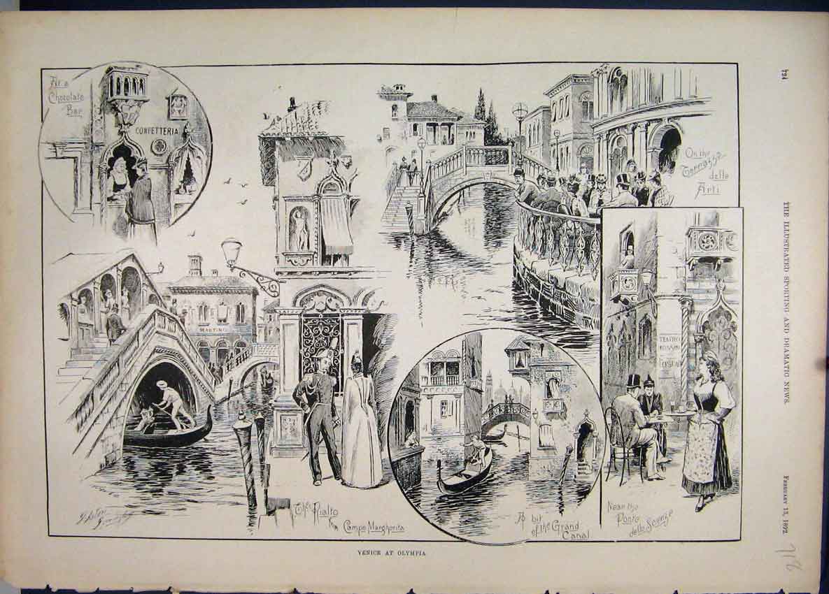 Original Old Antique Print Venice Olympia Rialto Grand Canalterrazza Arti 1892