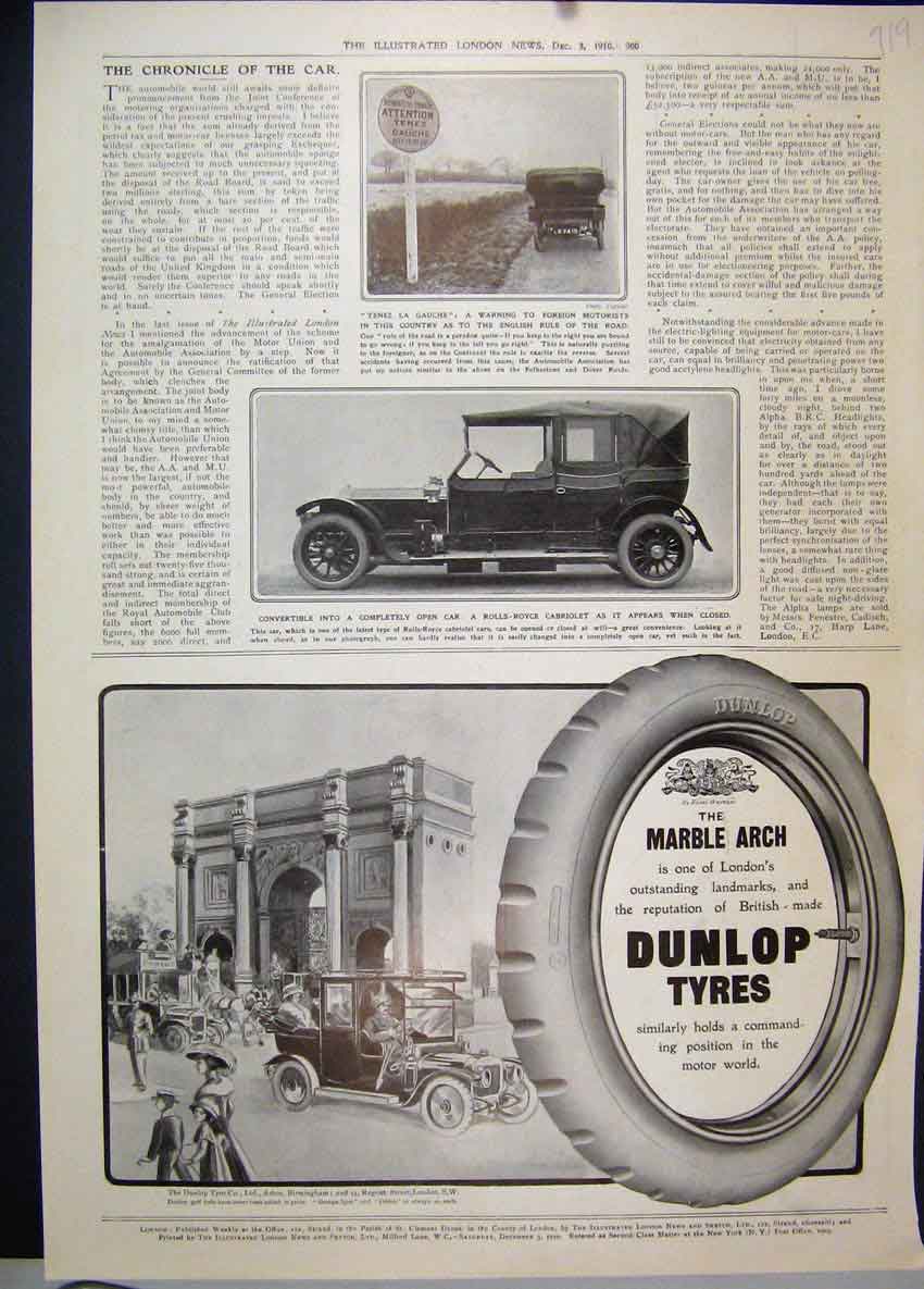 Old Antique Print 1910 Marble Arch Dunlop Tyre Rolls Royce Cabriolet Car 20th