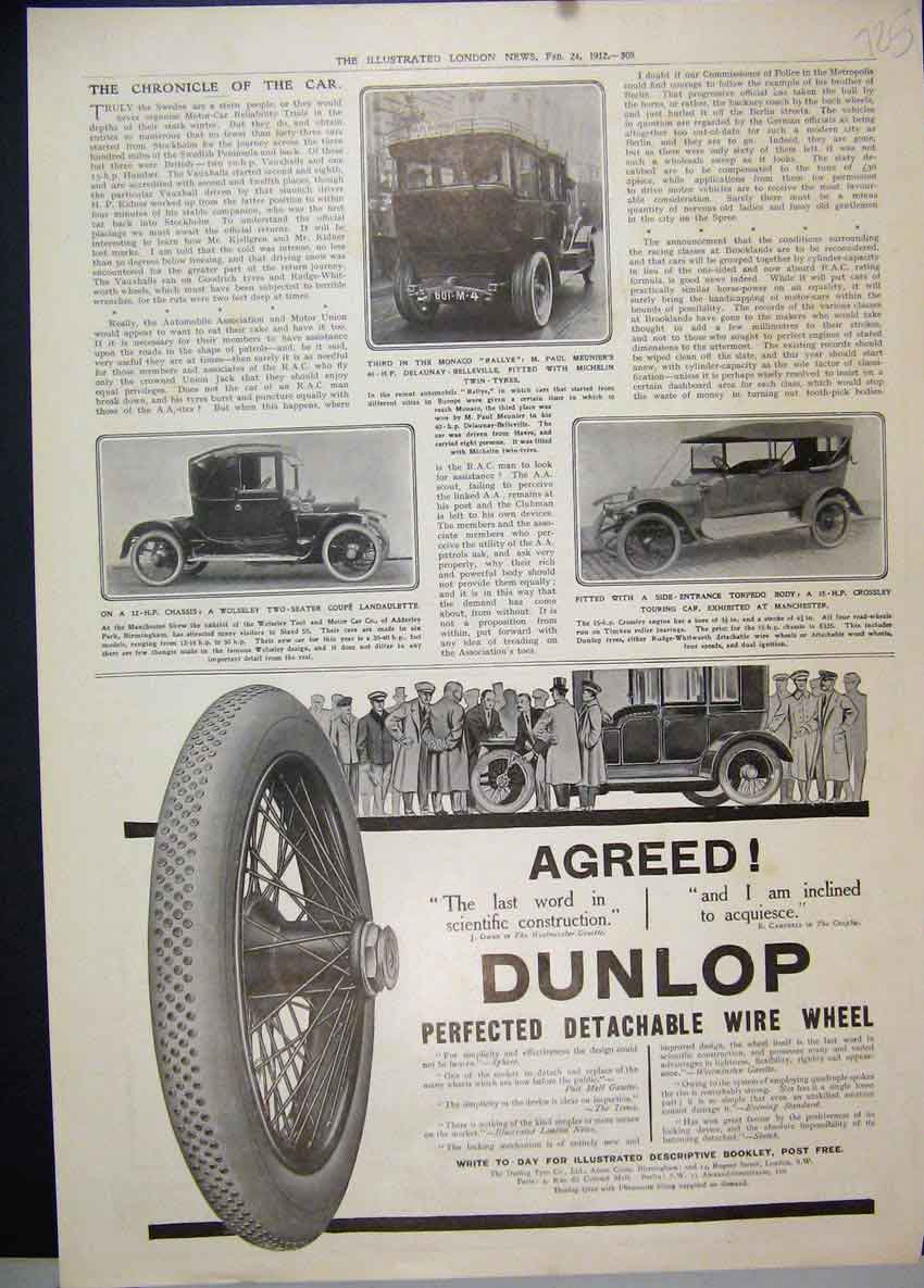 Old Antique Print Dunlop Detachable Wire Wheel Wolseley Landaulette 1912 20th