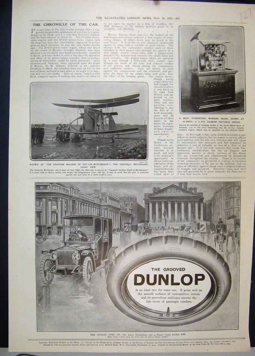 Old Antique Print 1910 Grooved Dunlop Tyre Phantom Machine Daimler Advert 20th