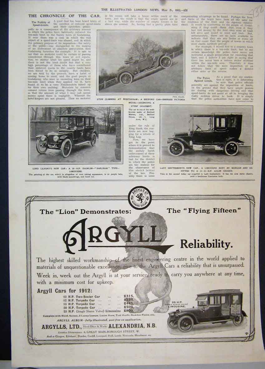 Original Old Antique Print Argyll Lion Motor Car Torpedo Limousine 1912 Advert