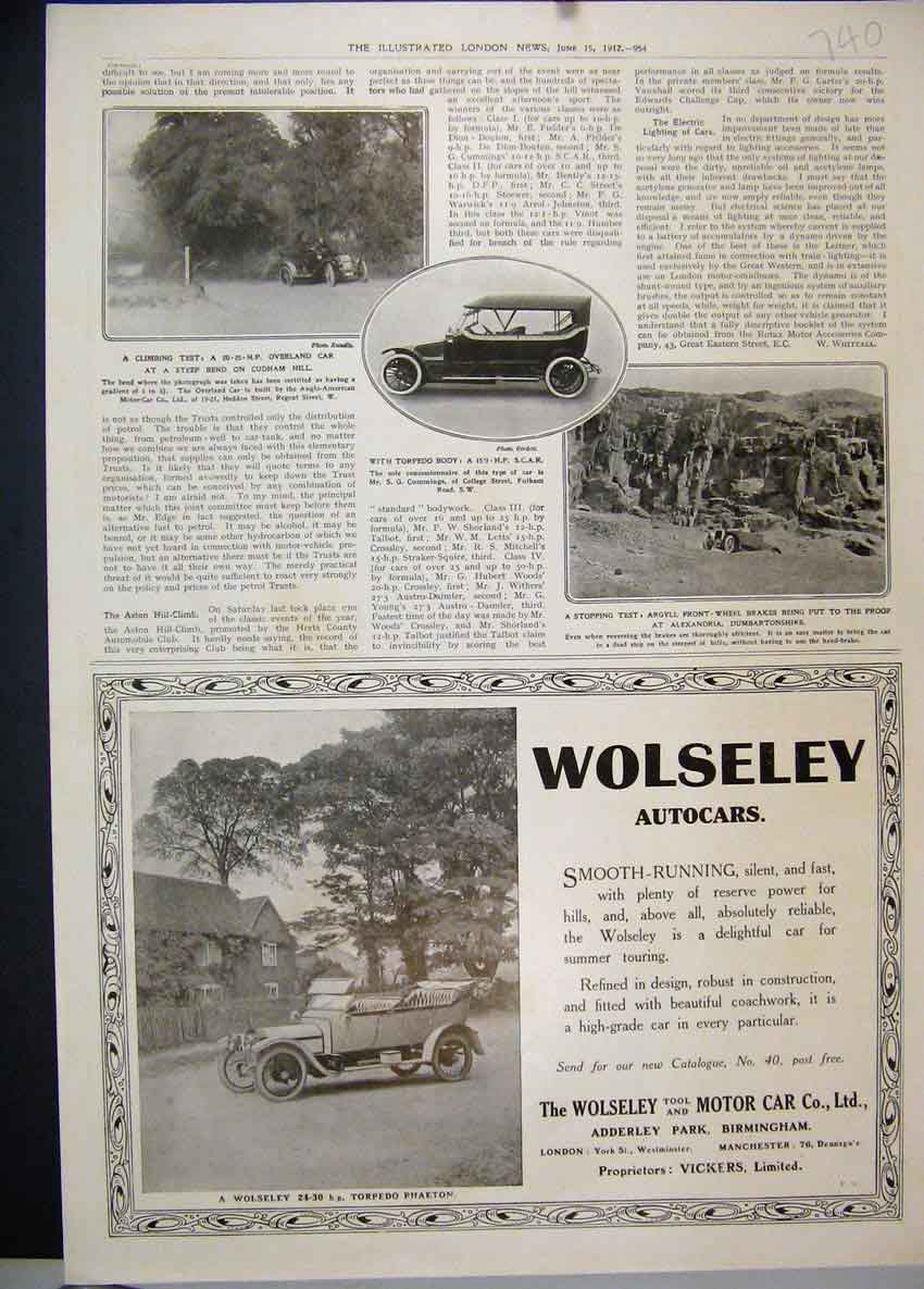 Original Old Antique Print 1912 Wolseley Autocars Torpedo Argyll Advert 20th