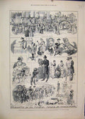 Original Old Antique Print Sketches Knightsbridge Mediaeval Market College 1884