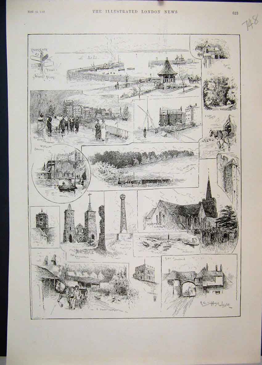 Original Old Antique Print 1888 Ramsgate Church Harbour Castle Music Sketches