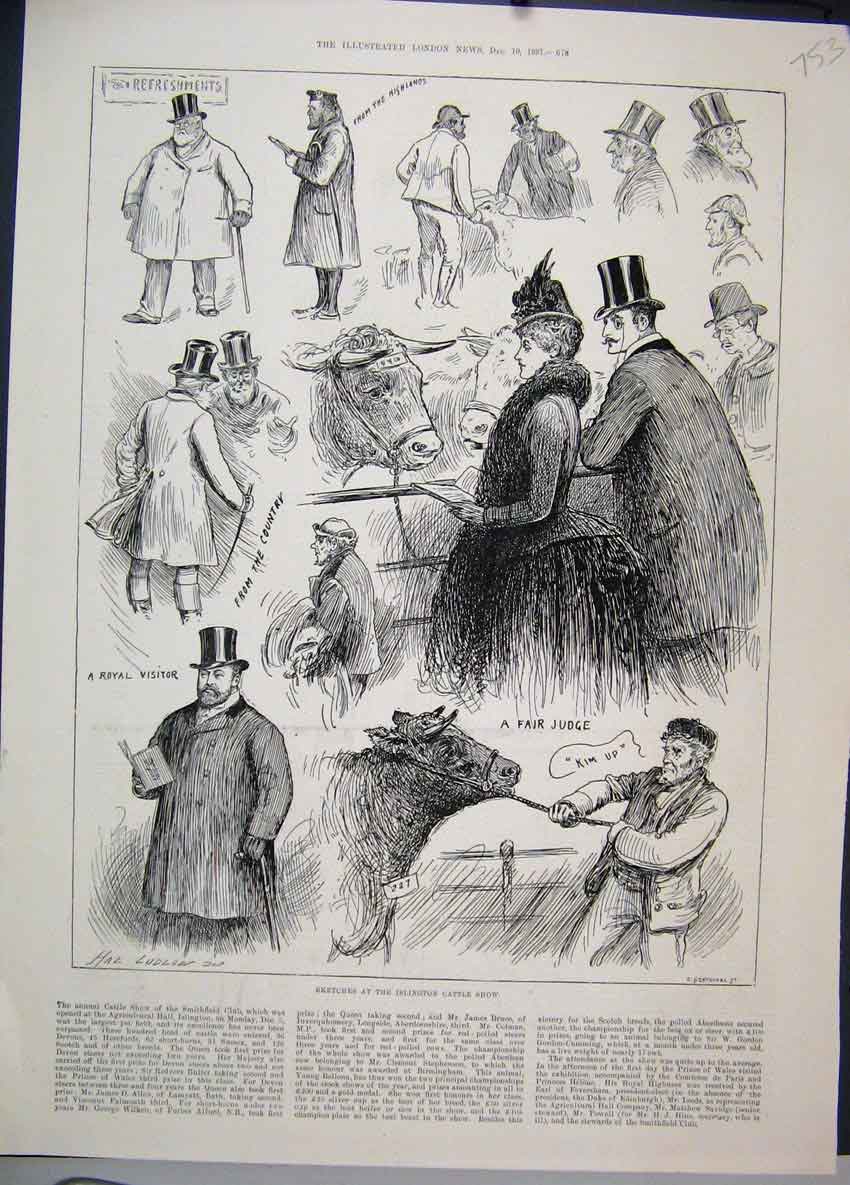 Original Old Antique Print Sketches Islington Cattle Show Judge 1887 Victorian