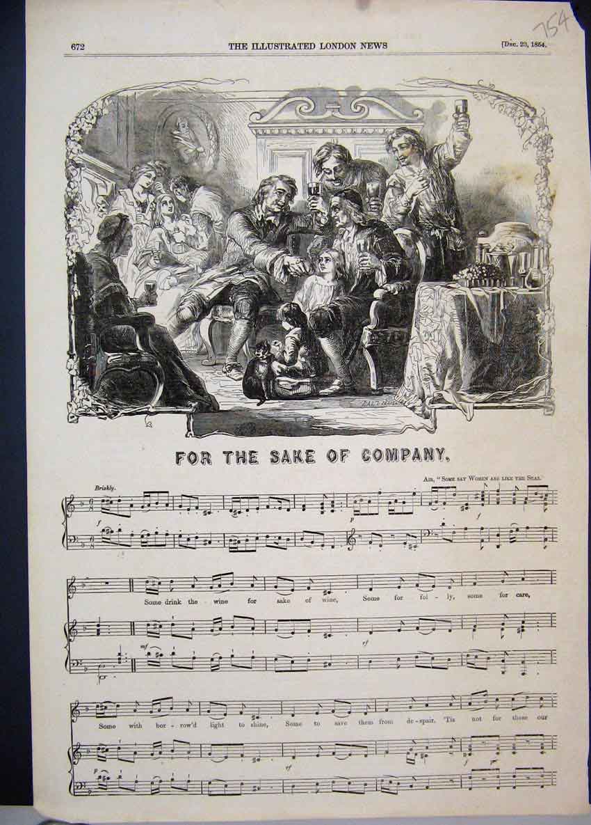 Original Old Antique Print Sheet Music For Sake Company 1854 19th