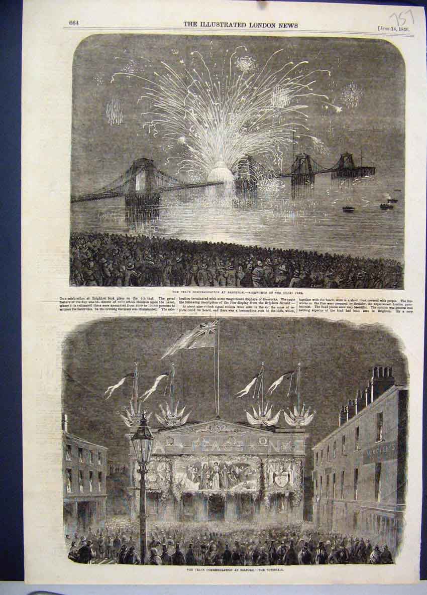 Original Old Antique Print Peace Commemoration Brighton Fireworks Salford 1856