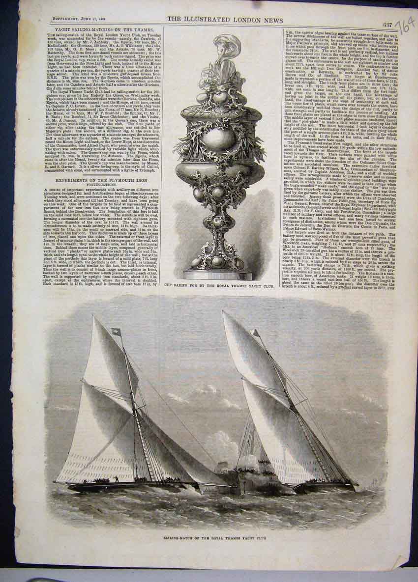Original Old Antique Print Sailing Royal Thames Yacht Club Cup 1868 Victorian