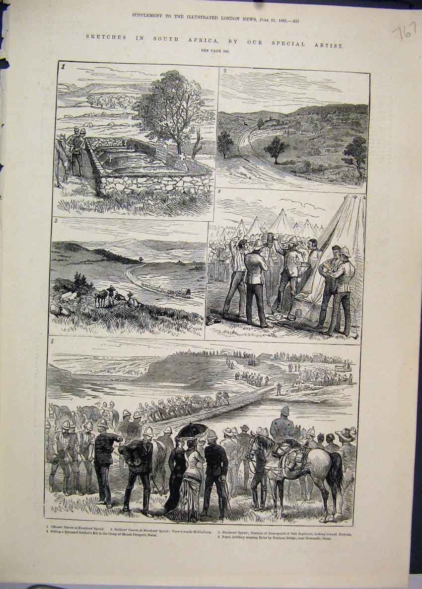 Original Old Antique Print Sketches South Africa Officers Graves Bronker 1881