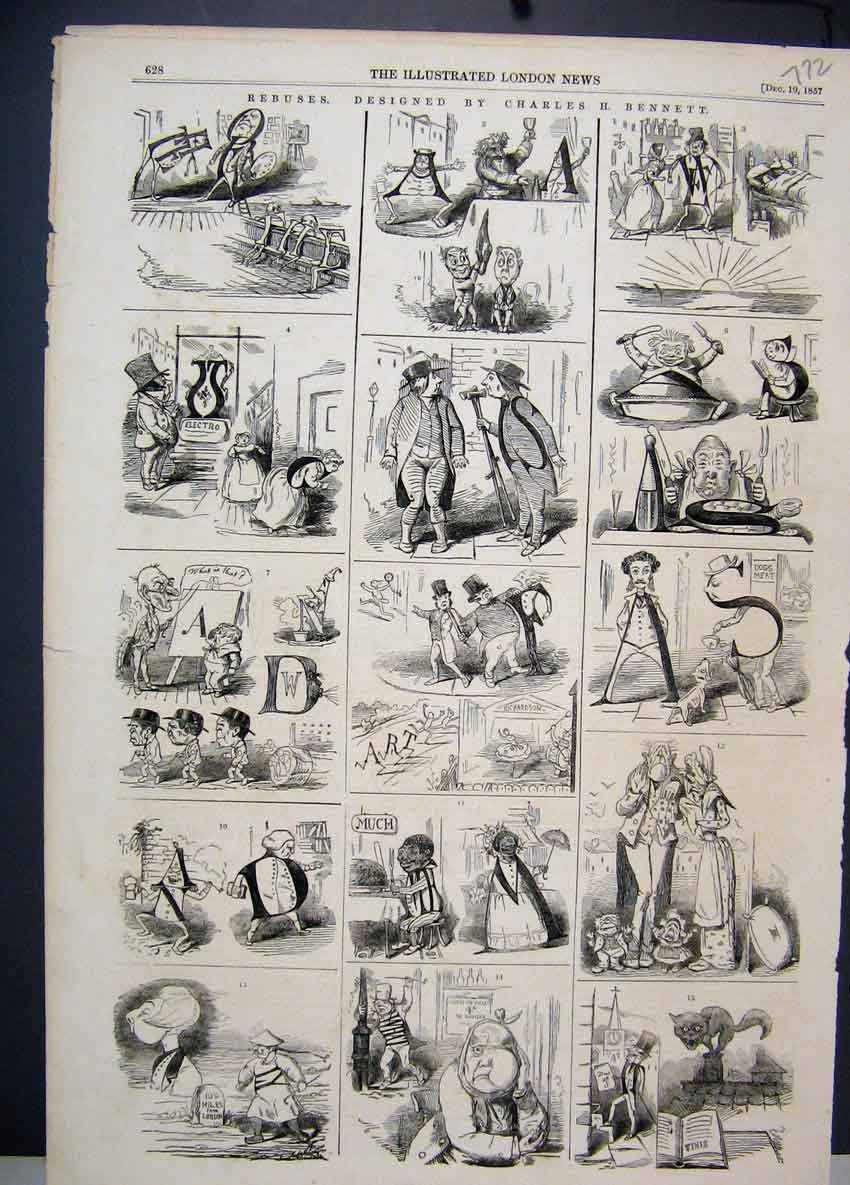 Original Old Antique Print Rebuses Charles Bennet Comedy Sketches 1857 Letters