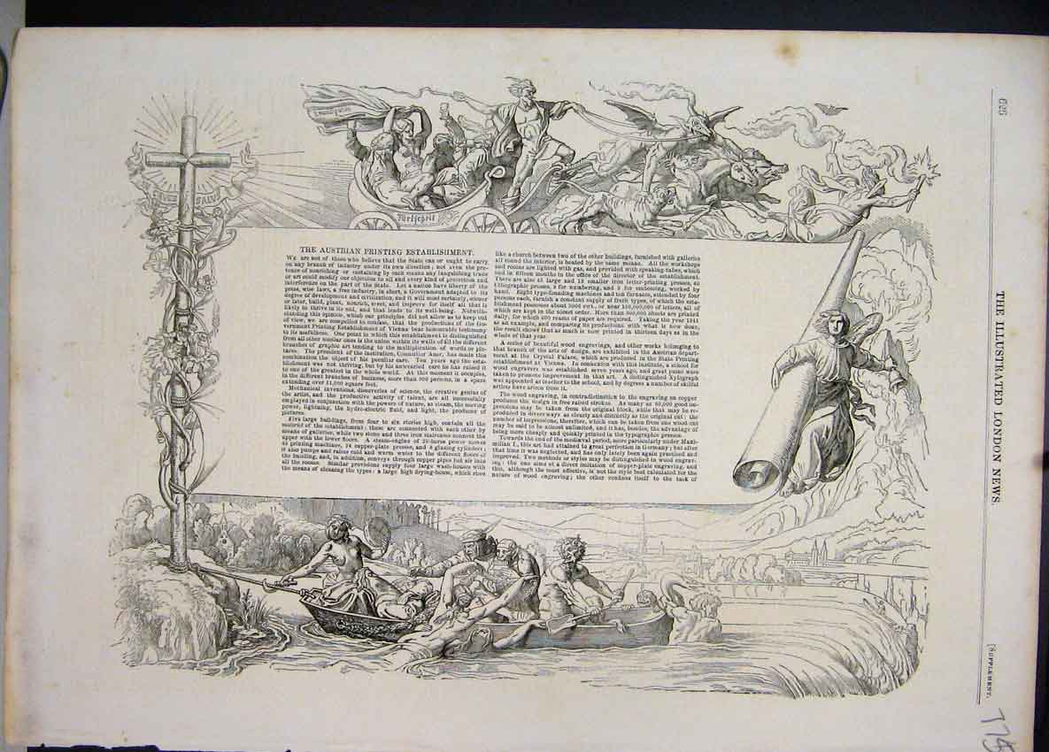 Original Old Antique Print 1851 River Boat Cross Medieval 19th