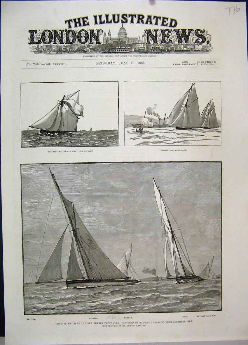Old Antique Print Channel Match Thames Yacht Club Neptune 1886 Southend 19th