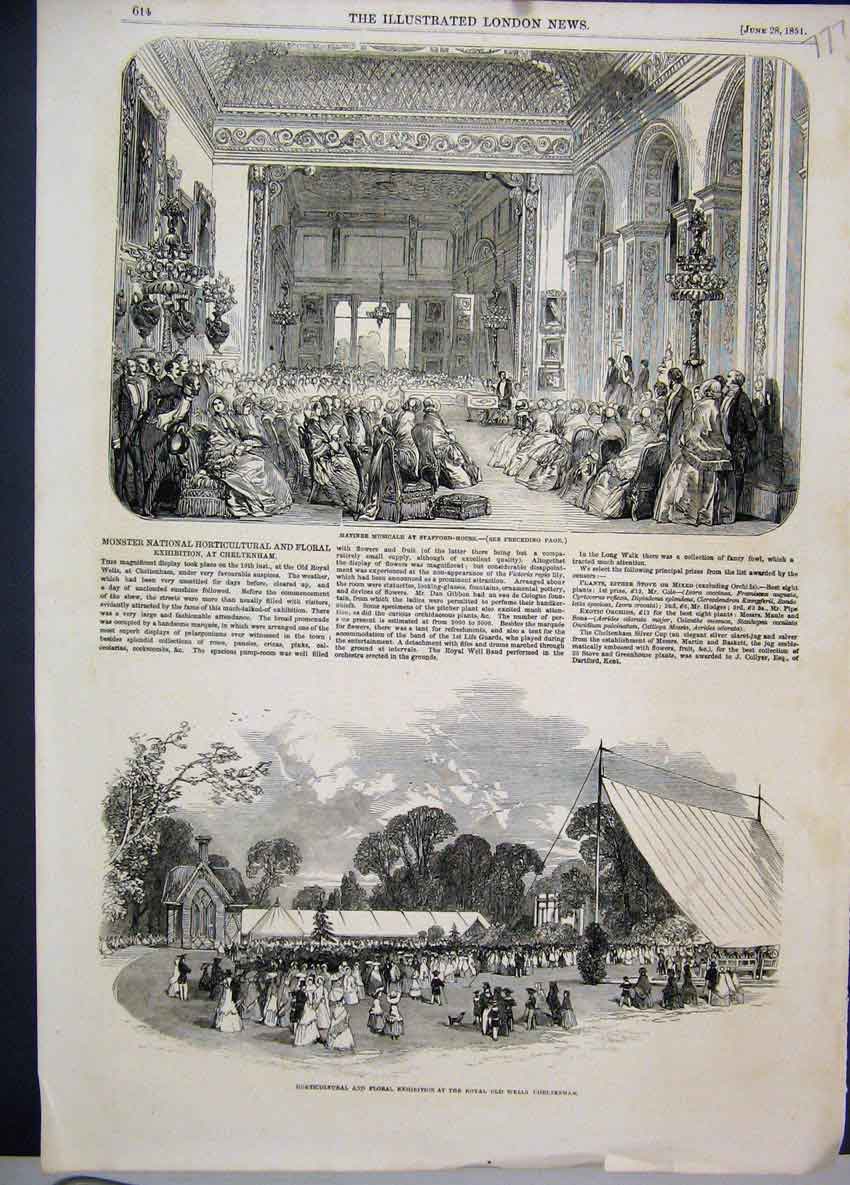 Old Antique Print Matinee Musicale Stafford House Royal Wells 1851 Floral 19th