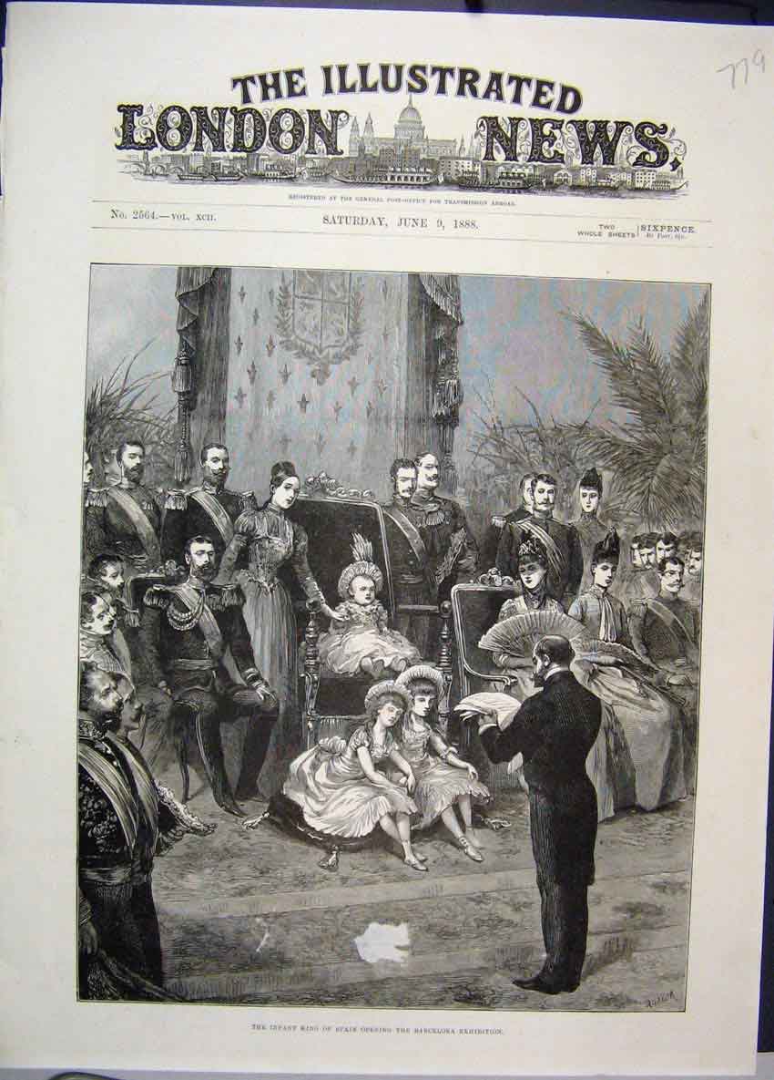 Original Old Antique Print Infant King Spain Barcelona Exhibition 1888 Fine Art