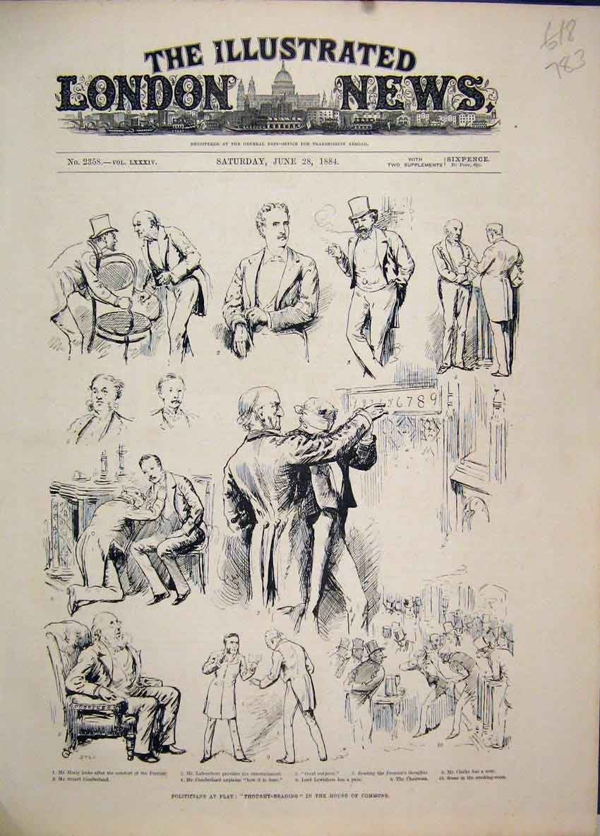 Original Old Antique Print Politicians Play Thought Reading House Commons 1884