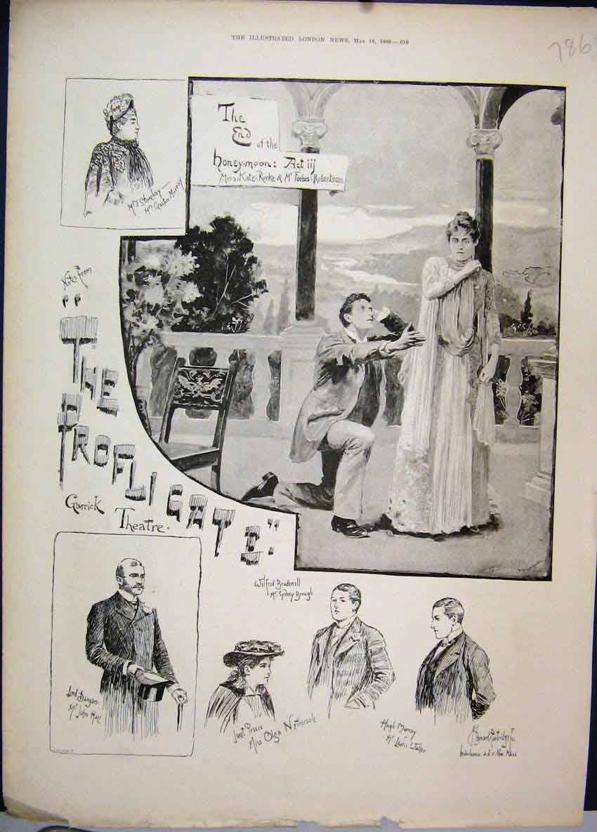 Original Old Antique Print 1889 End Honeymoon Profligate Garrick Theatre 19th