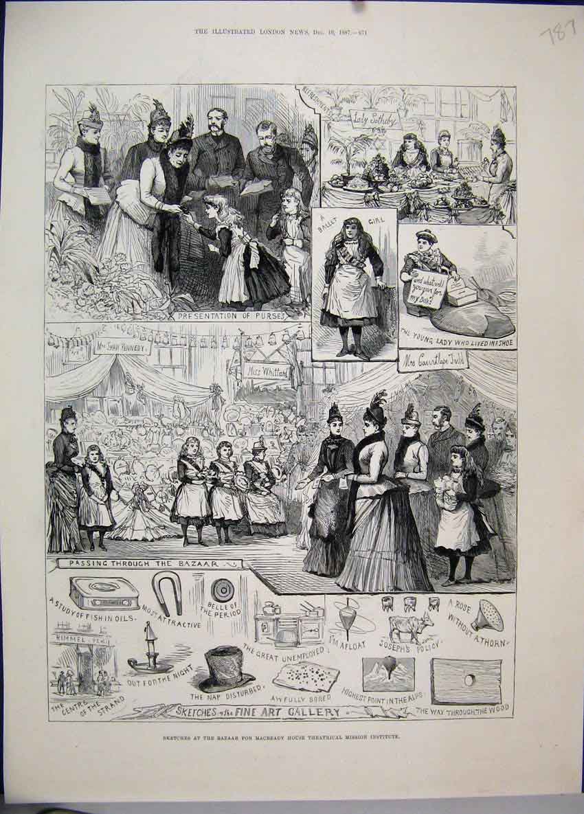 Old Antique Print Bazaar Macready House Theatrical Mission Institute 1887 19th