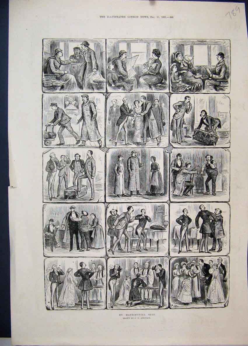 Original Old Antique Print 1883 Matrimonial Suit Wedding Comedy Scenes 19th