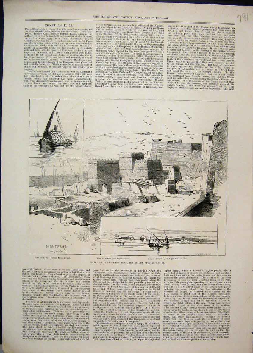Original Old Antique Print Egypt Montbard Boat Pottery Tombs Sheikhs Nile 1882