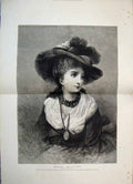 Original Old Antique Print Portrait School Teacher Hat Beautiful Fine Art
